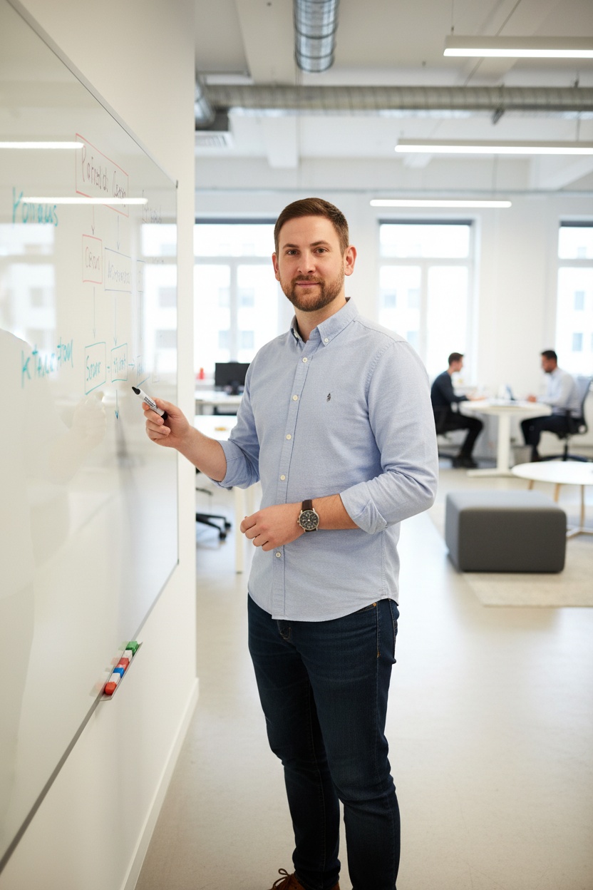 Pavel Deuble erläutert einen Businessplan am Whiteboard